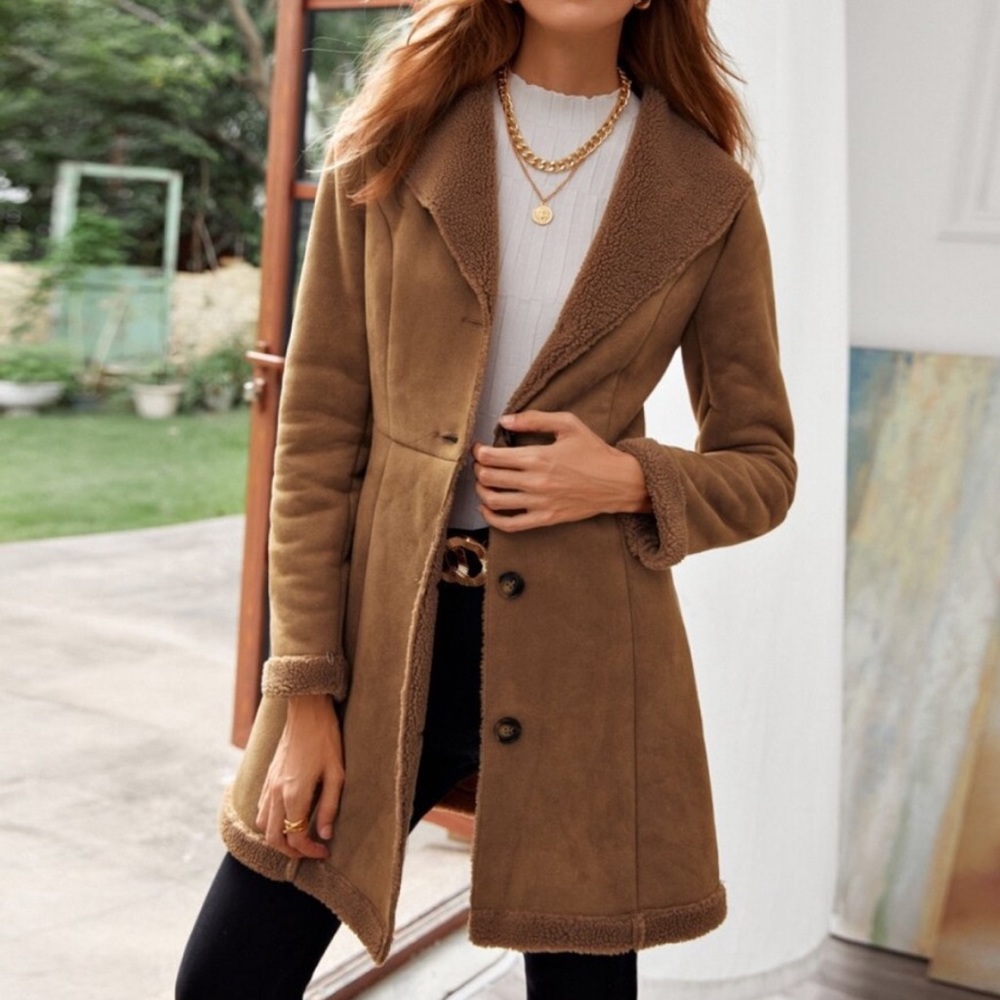 Camel Sherpa lined suede jacket coat - Picture 1 of 5